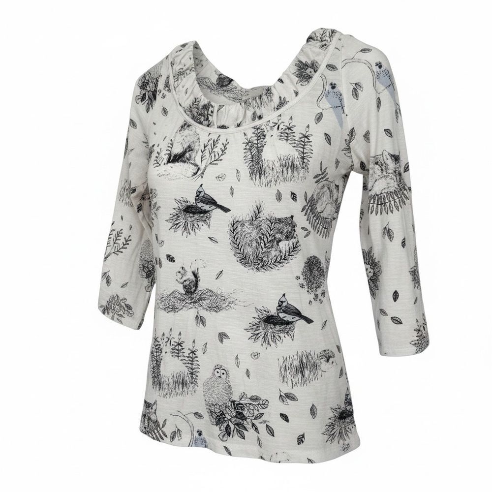 Anthropologie 9-H15 Boho Nature Print (Owl, Fox) 3/4 Sleeve Top - Size Small